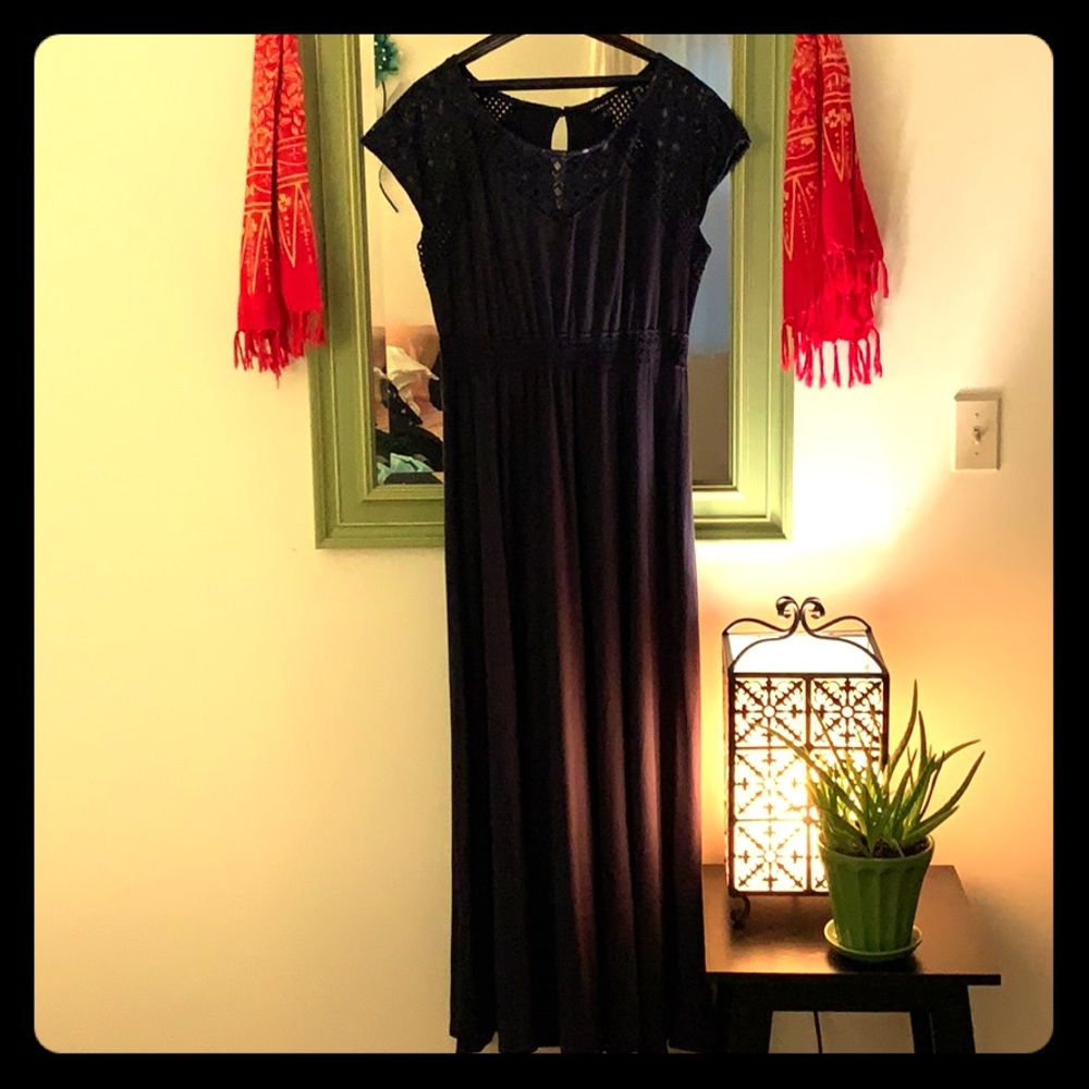 Navy Sheer Lace Yoke Knit Maxi Dress